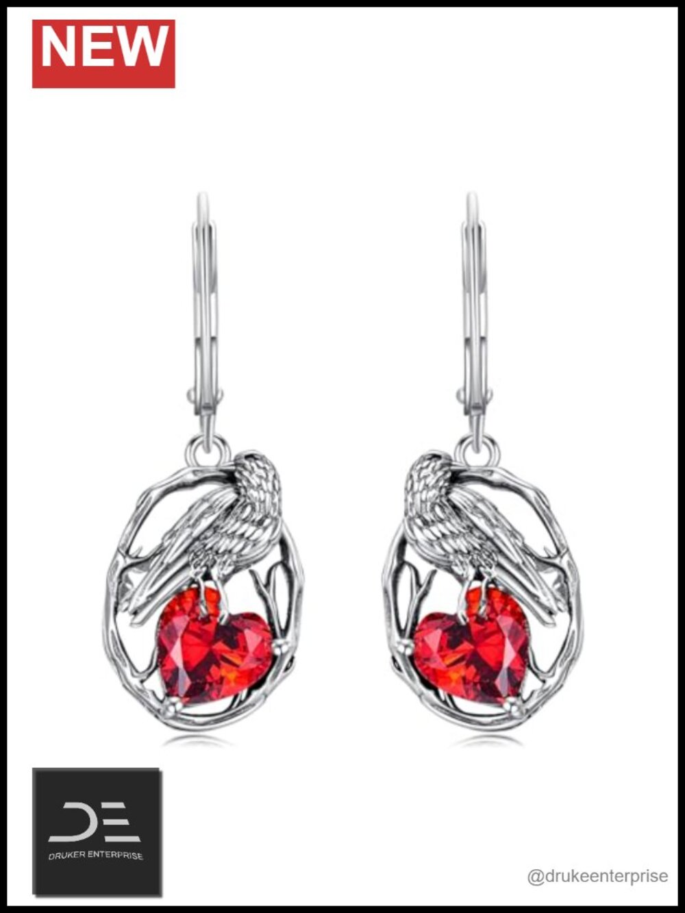Crow Earrings Women 925 Sterling Silver Raven Drop Dangle Heart Birthstone